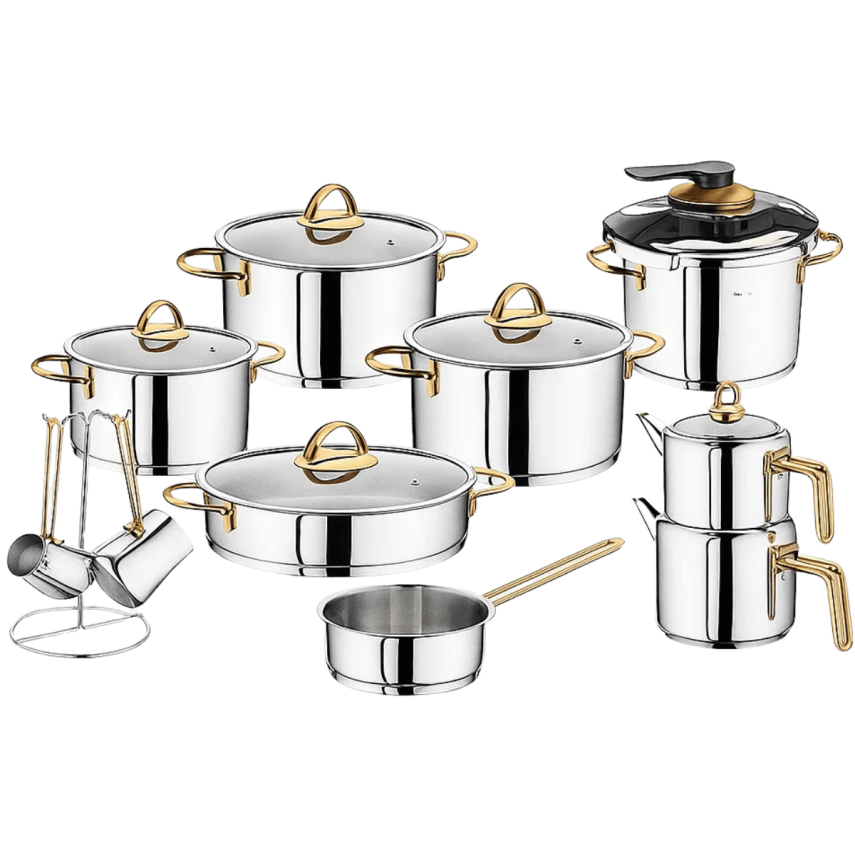 Cocinero 1087 Gold Silindir Çelik Kulplu 18 Parça Hiper Set - 1
