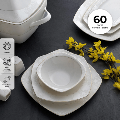 Emsan Bone Yeni Defne 60 Parça 12 Kişilik Yemek Takımı Yarım Kare