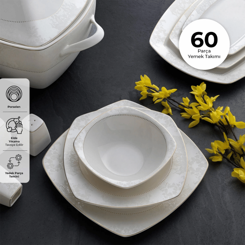 Emsan Bone Yeni Defne 60 Parça 12 Kişilik Yemek Takımı Yarım Kare - 1