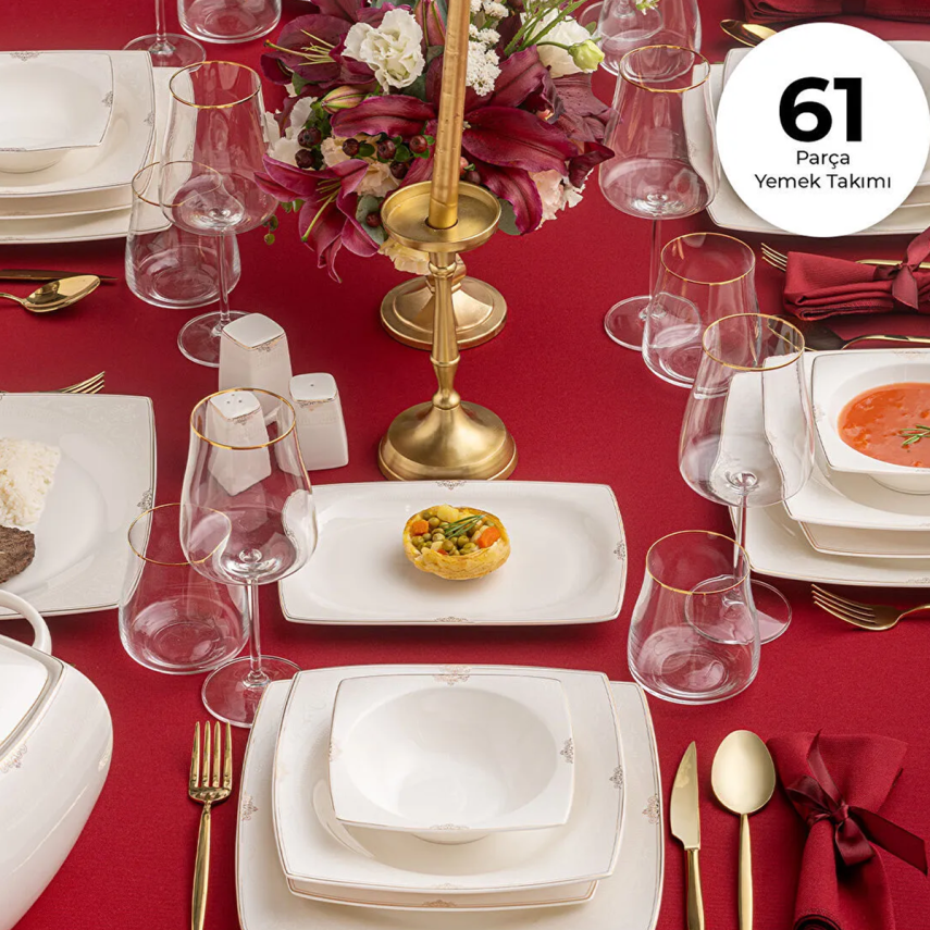 Emsan Estiva Fine Bone Gold 61 Parça 12 Kişilik Kare Yemek Takımı - 1