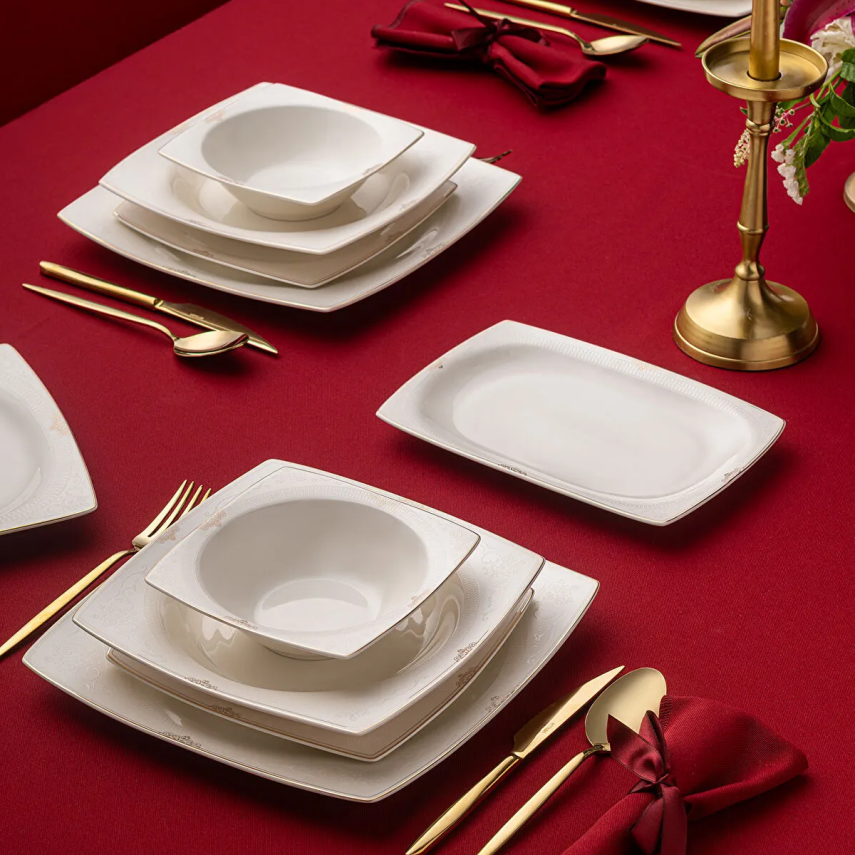 Emsan Estiva Fine Bone Gold 61 Parça 12 Kişilik Kare Yemek Takımı - 4