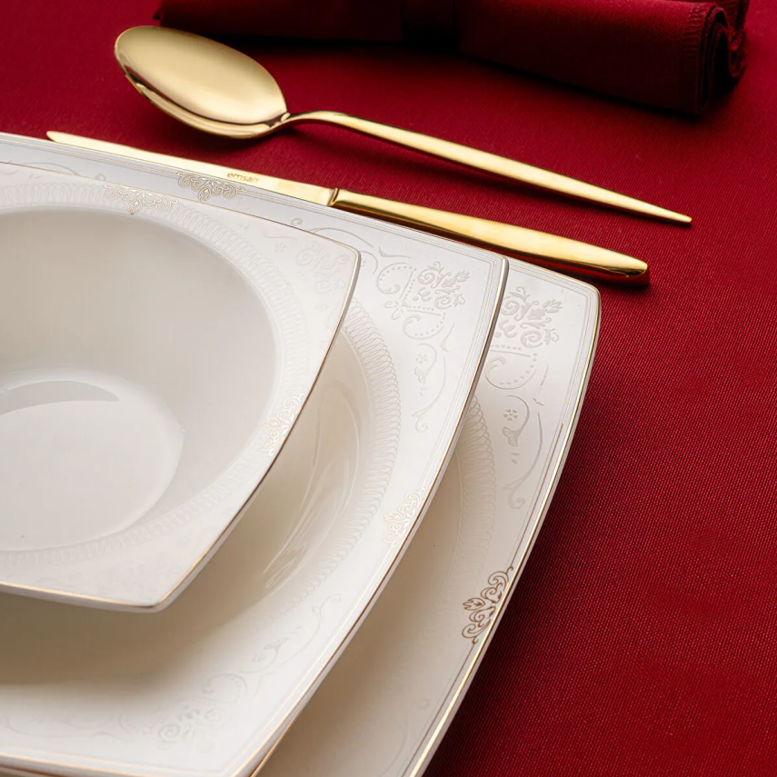 Emsan Estiva Fine Bone Gold 61 Parça 12 Kişilik Kare Yemek Takımı - 8