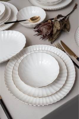 Kütahya Porselen Bone Luz Form 52 Parça 12 Kişilik Yemek Takımı Altın File