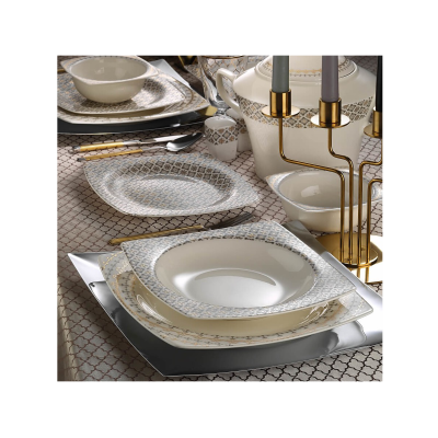 Kütahya Porselen Bone Mare Kare 62 Parça 12 Kişilik Çeyiz Yemek Takımı