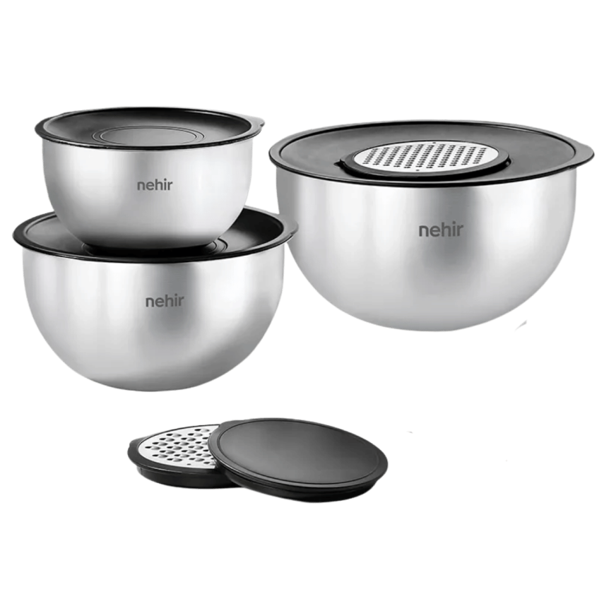 Nehir Silver Çelik 9 Parça Rendeli Karıştırma Kabı Takımı - 1