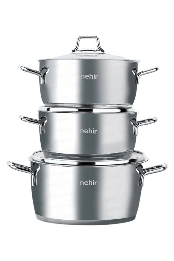 Nehir Silver Klasik 16-18-20 cm 6 Parça Derin Paslanmaz Çelik Tencere Seti - 1