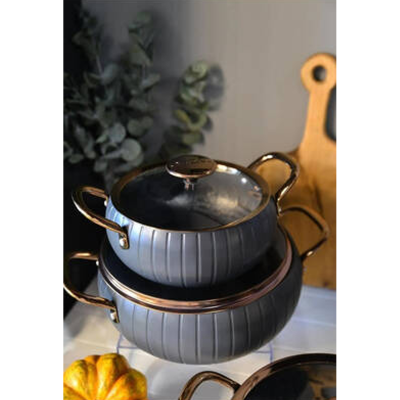 OMS 3528 Meridian 7 Parça Granit Tencere Seti Antrasit Renk Bakır Kapak - 3