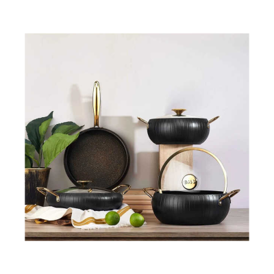 OMS 3528 Meridian 7 Parça Granit Tencere Seti Black Gold Kapaklı